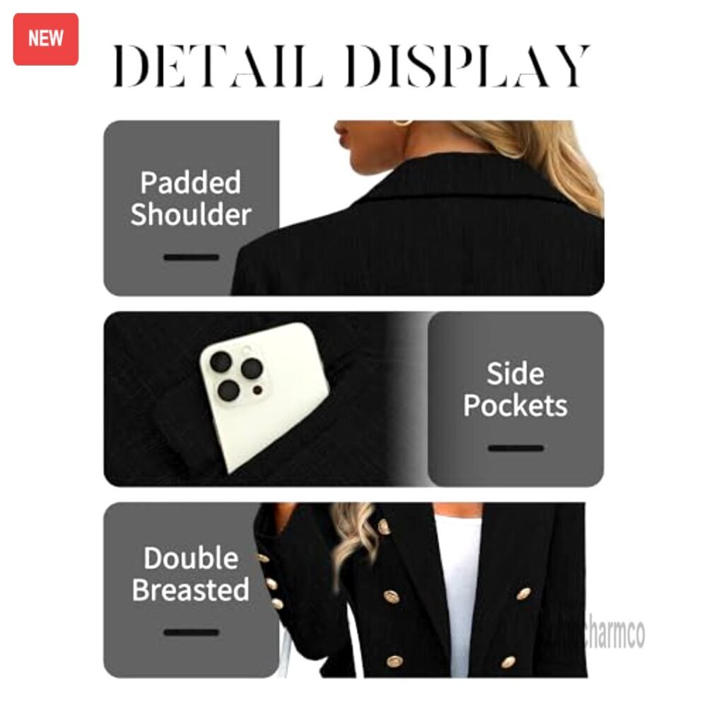 Black Double-Breasted Women's Blazer Jacket - Picture 5 of 7